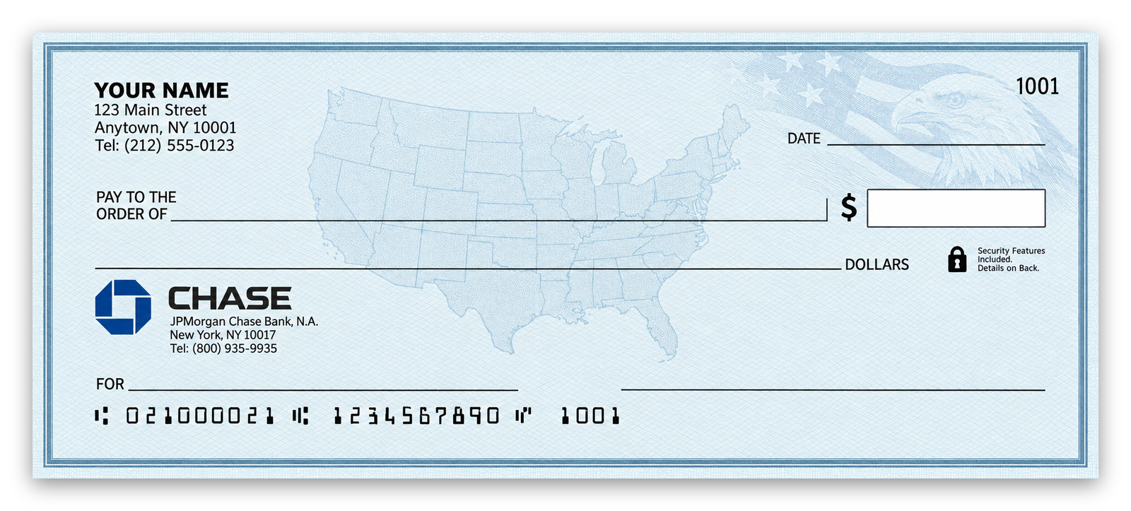 A blank US bank check on light blue security paper with a map of the United States.