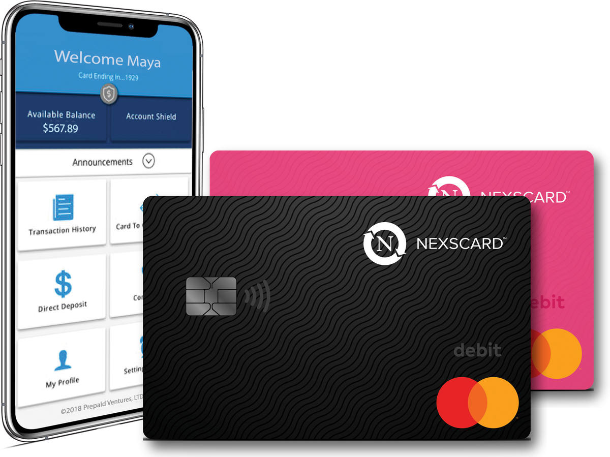 NexsCard prepaid Mastercard debit cards in black and pink, next to a phone showing the NexsCard app account screen.